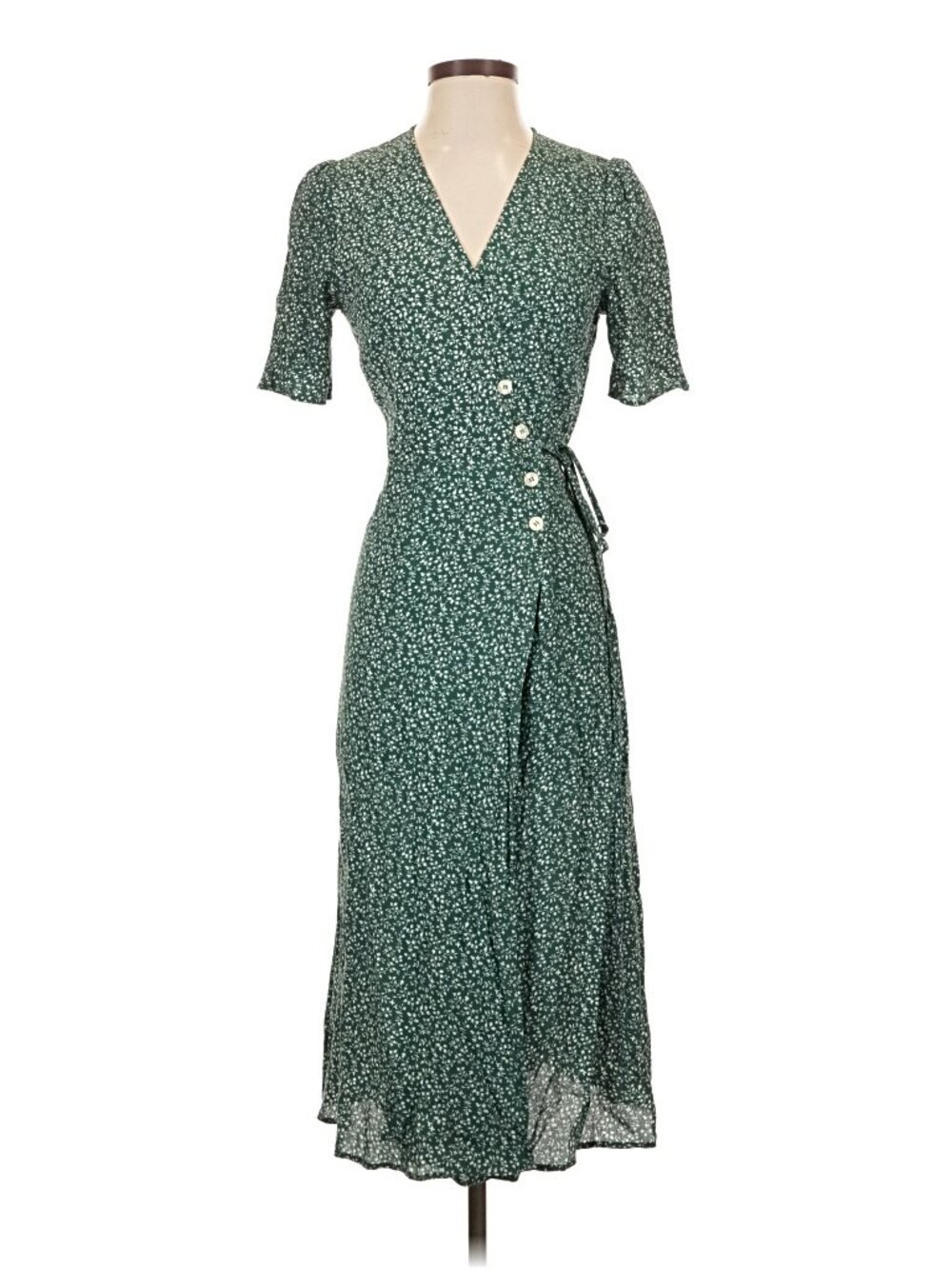 90s Floral Midi Dress, Green Cottage core Flutter Sleeve size 4